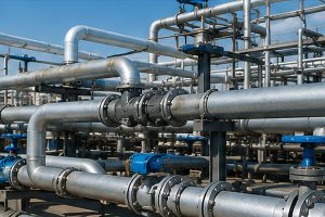 Galvanised pipe network in an outdoor industrial plant